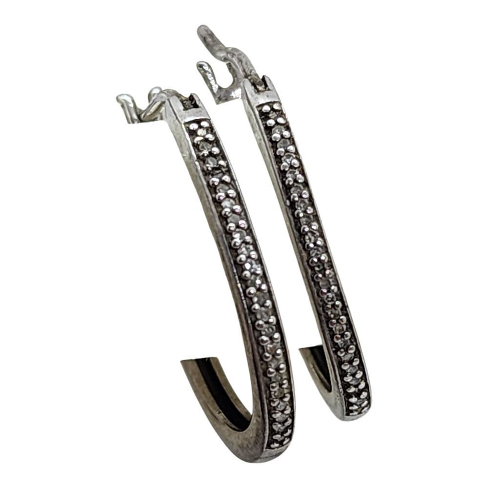 Sterling Silver Diamond Hoop Earrings Pave Set Oval Hoops Vintage Style - Picture 2 of 16